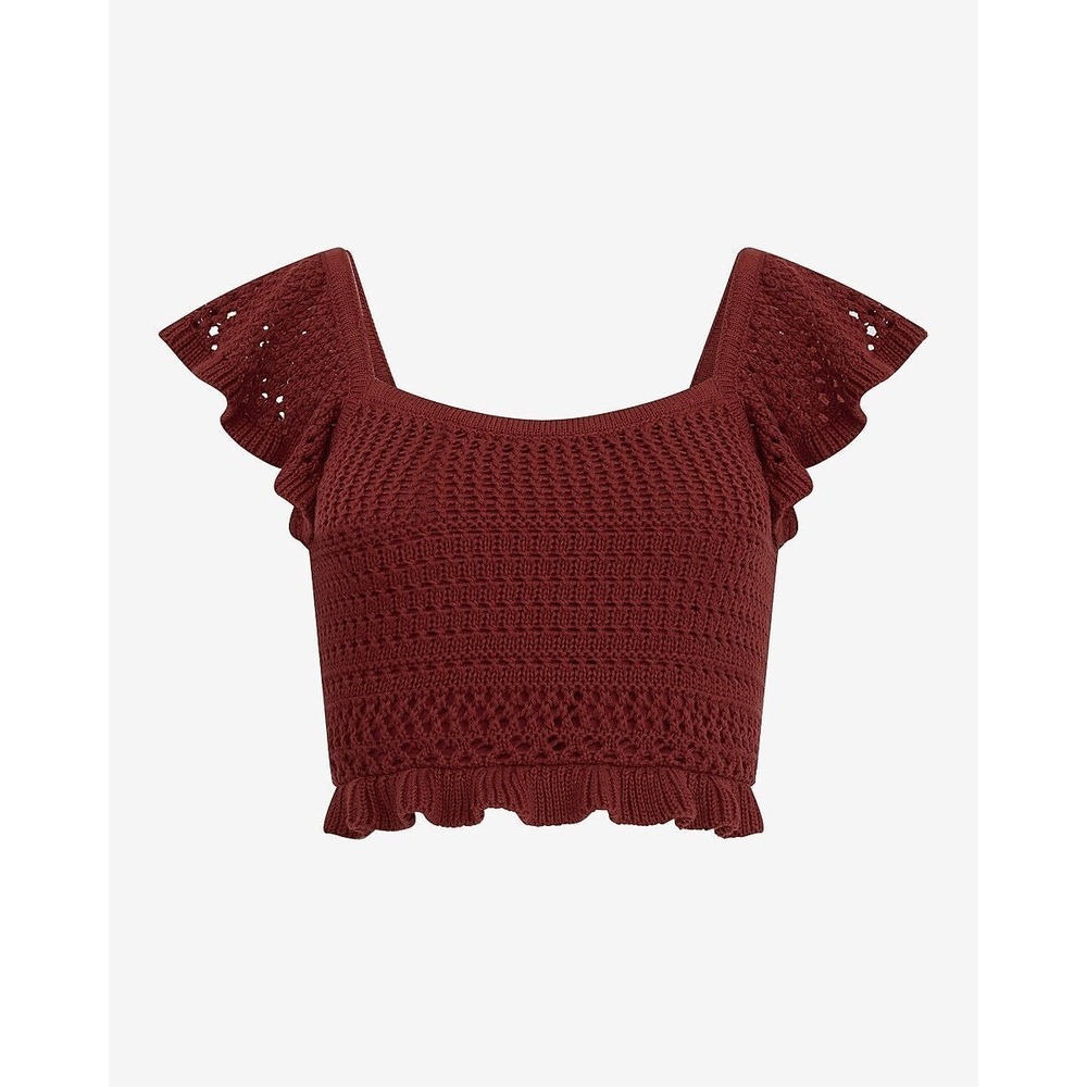 Express Women's Crochet Flutter Sleeve Ruffle Crop Sweater Tank - Red Brown - S